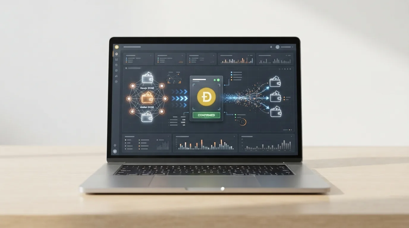 Ein Blockchain-Explorer-Bildschirm mit hervorgehobener DOGE-Transaktion und sichtbarer Wallet-Adresse