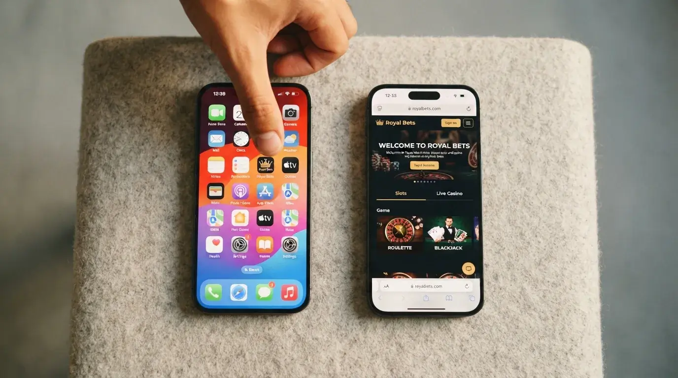 Zwei Smartphones nebeneinander: links Casino-App-Icon auf Homescreen, rechts Browser mit Casino-Seite