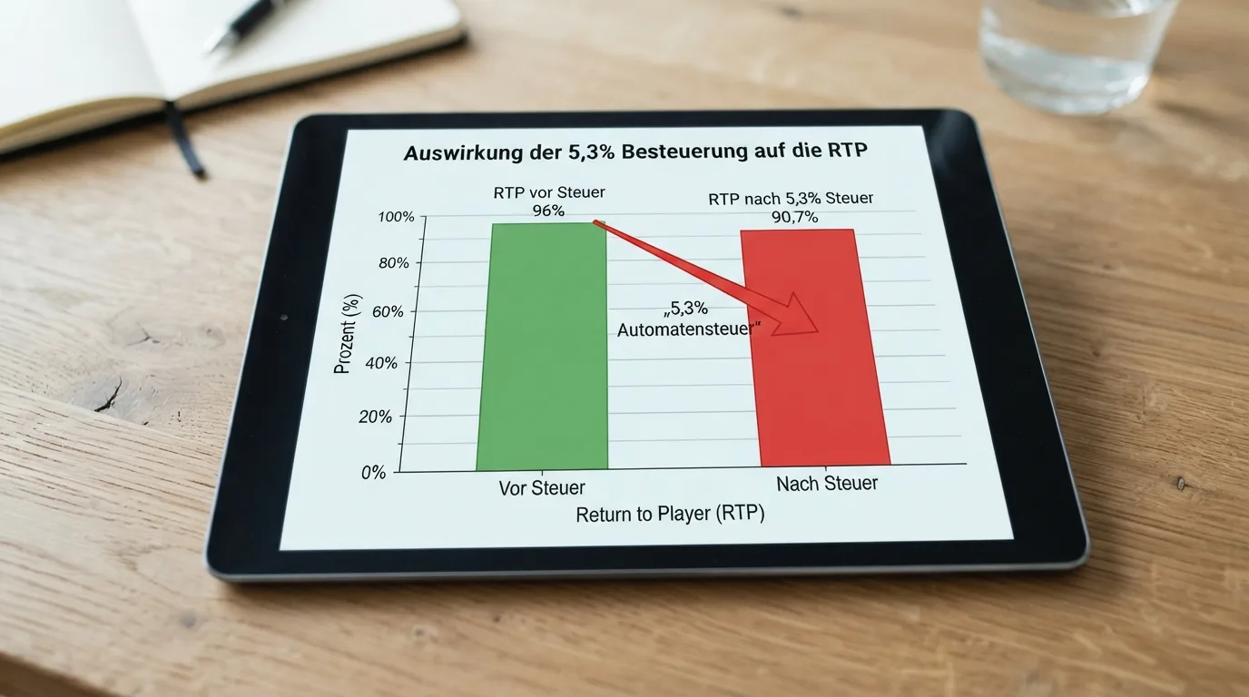 Infografik: Wie die 5,3% Stake-Steuer den RTP bei jedem Spin reduziert