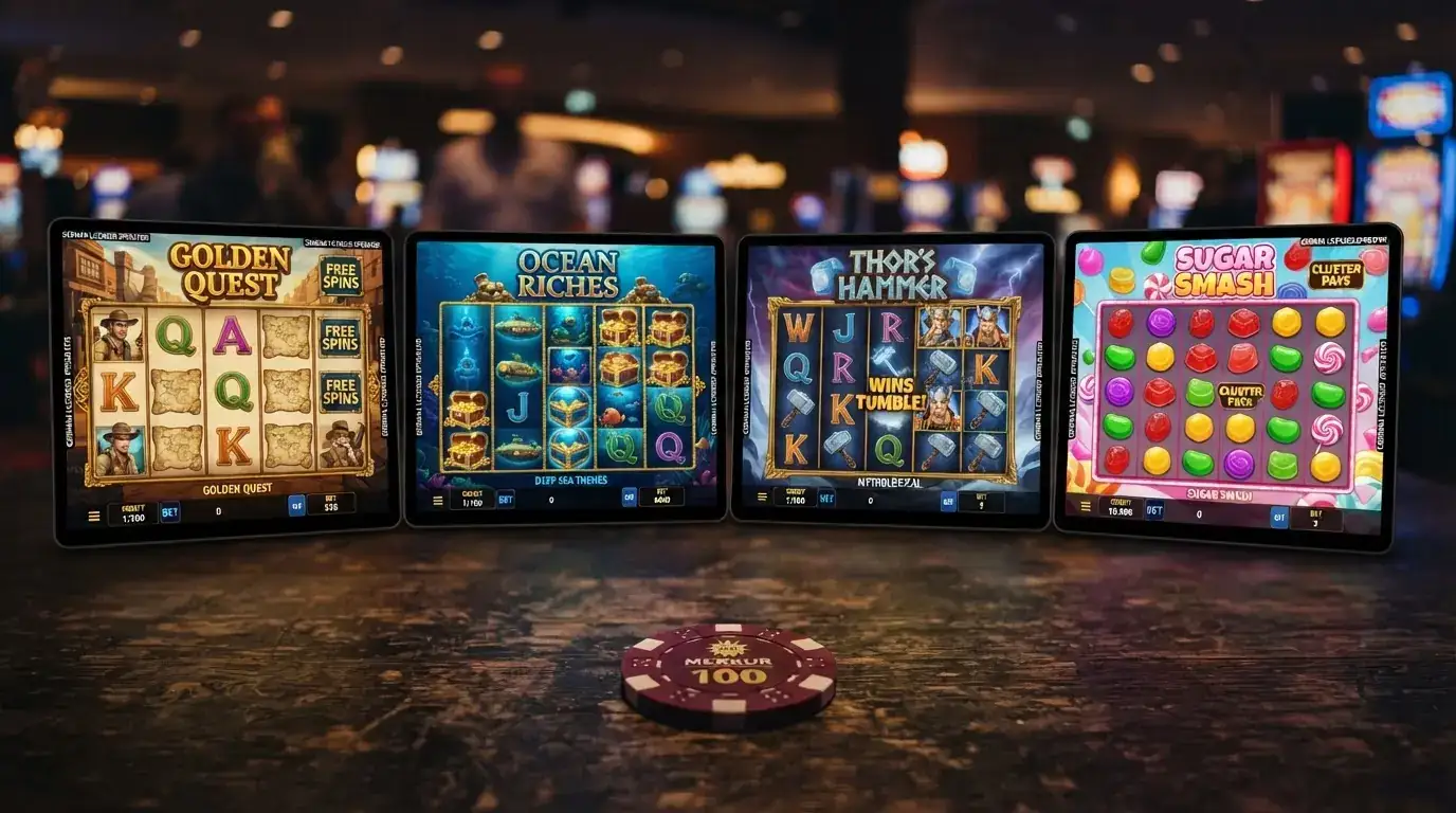 Vier Slot-Cover nebeneinander: Book of Dead, Razor Shark, Gates of Olympus, Sweet Bonanza