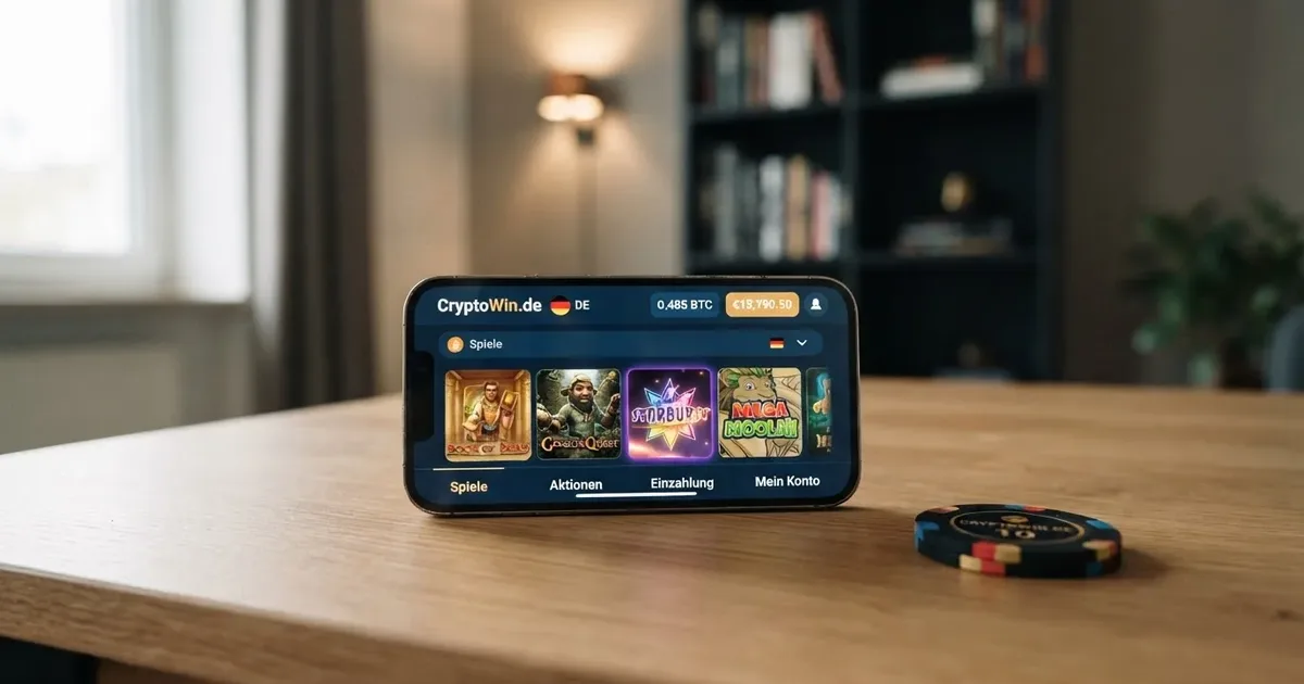 Krypto-Casino-Oberfläche mit Bitcoin-Logo und Spielekacheln auf deutschem Interface