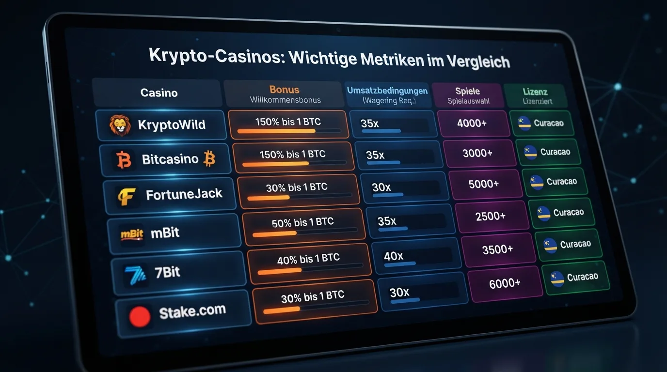 Vergleichstabelle der zehn besten BNB-Casinos mit farbigen Akzenten für Bonus und Lizenz
