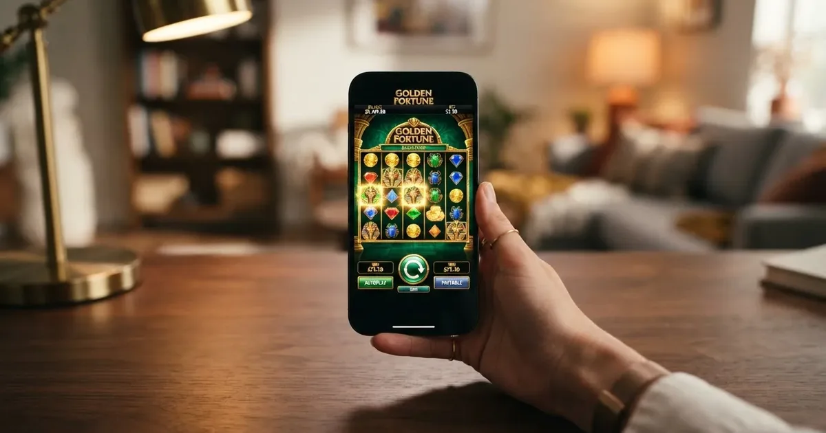 Eine Hand hält ein Smartphone mit geöffneter Casino-Web-App, angedeutete Spieloberfläche mit Slots