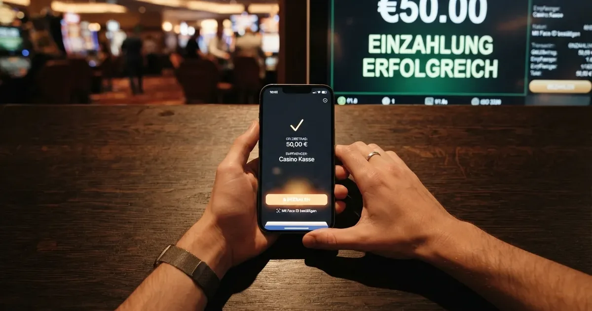 Smartphone mit Apple-Wallet-Oberfläche vor Spielbank-Kassenbildschirm