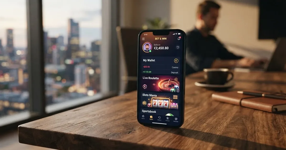 EcoPayz-Logo und E-Wallet-Dashboard auf einem Smartphone mit Casino-Schriftzug im Hintergrund