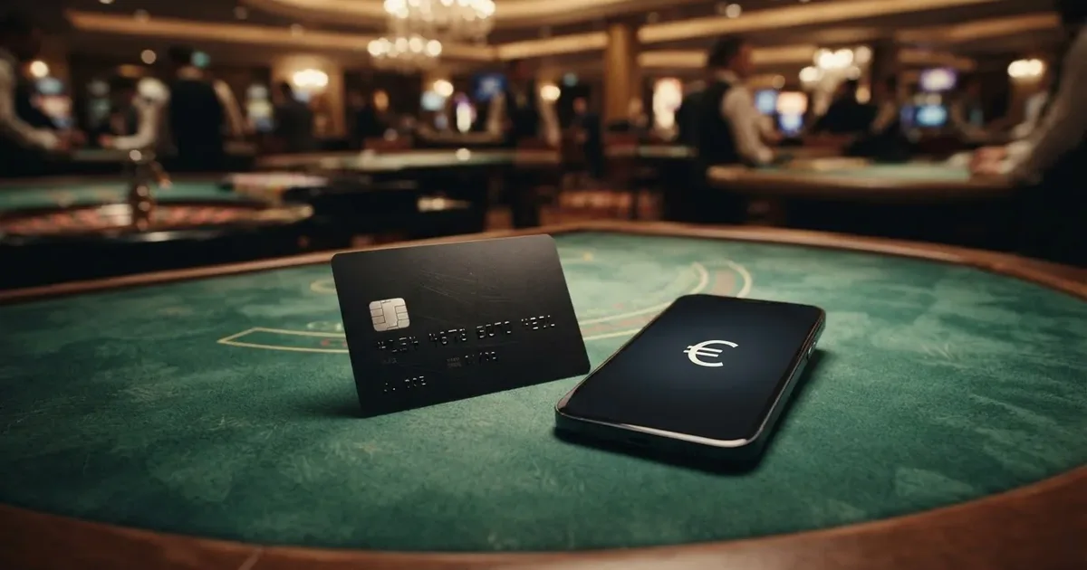 Kreditkarte auf einem Spieltisch neben einem Smartphone mit Casino-App