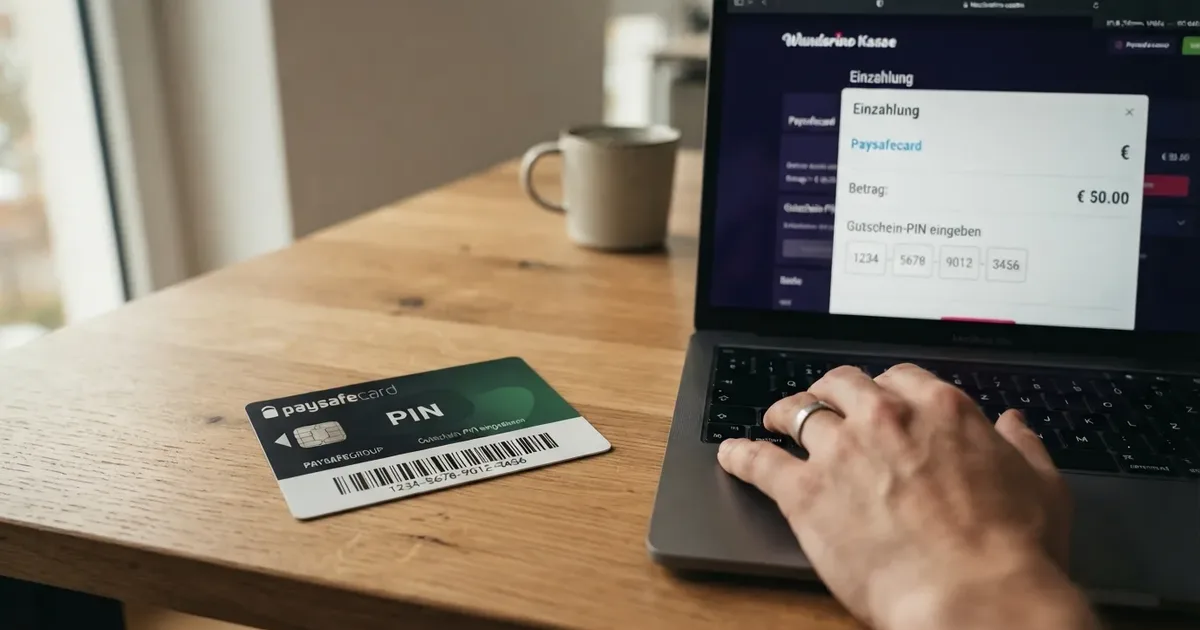 Eine Paysafecard-PIN-Karte neben der Kassen-Seite eines Online Casinos
