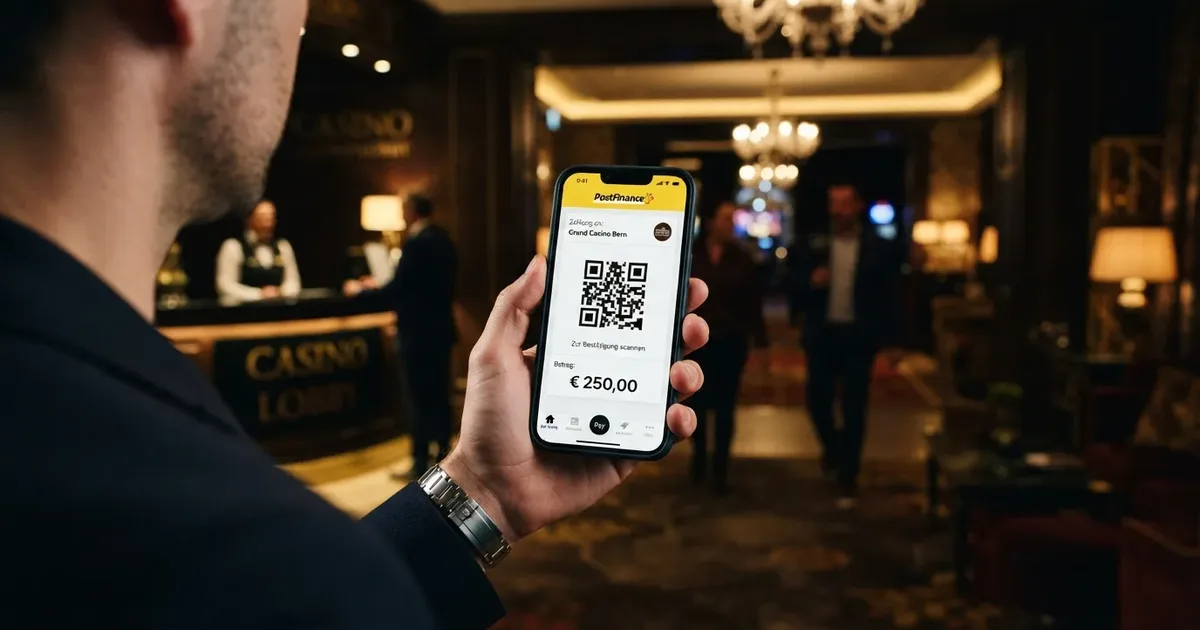 PostFinance Pay App auf einem Smartphone mit QR-Code vor Casino-Hintergrund