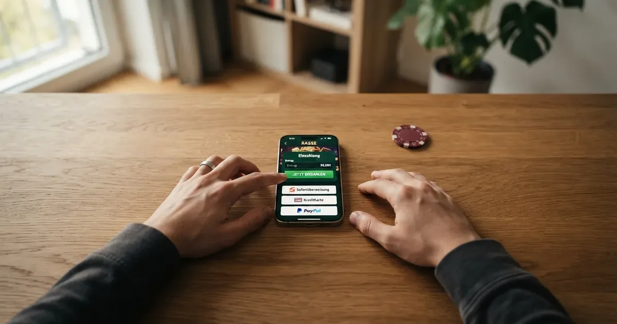 Smartphone mit geöffneter Casino-Kasse und der hervorgehobenen Sofort/Klarna-Zahlungsoption