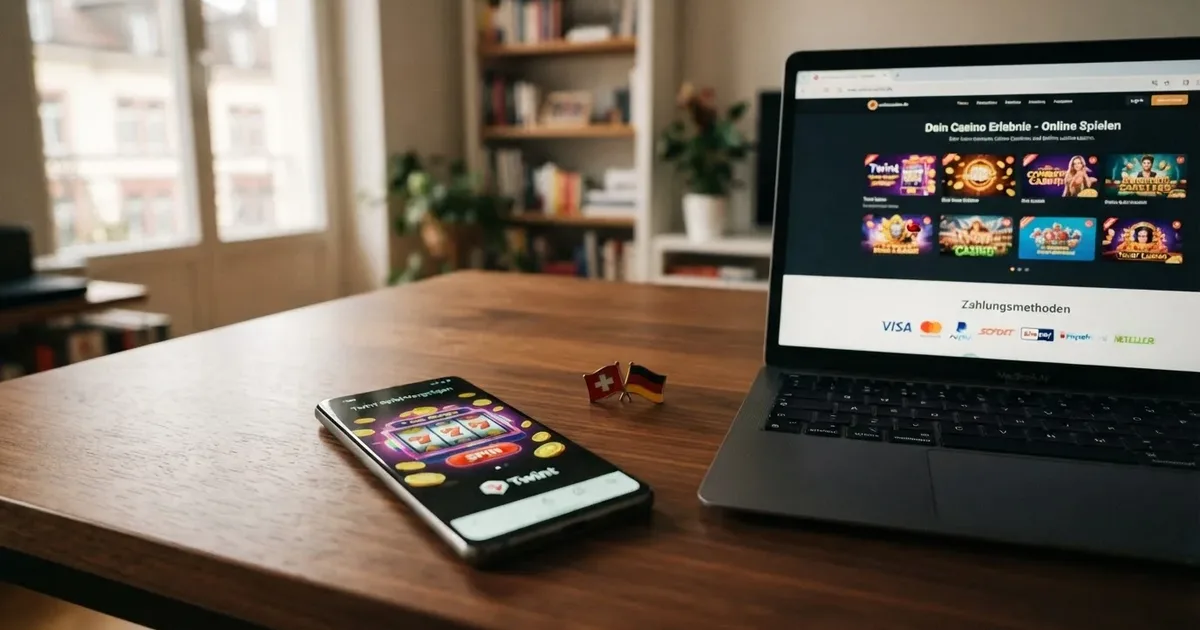 Smartphone mit geöffneter Twint-App neben einer Casino-Oberfläche, Schweizer und deutscher Flaggen-Hinweis als visueller Spannungsbogen