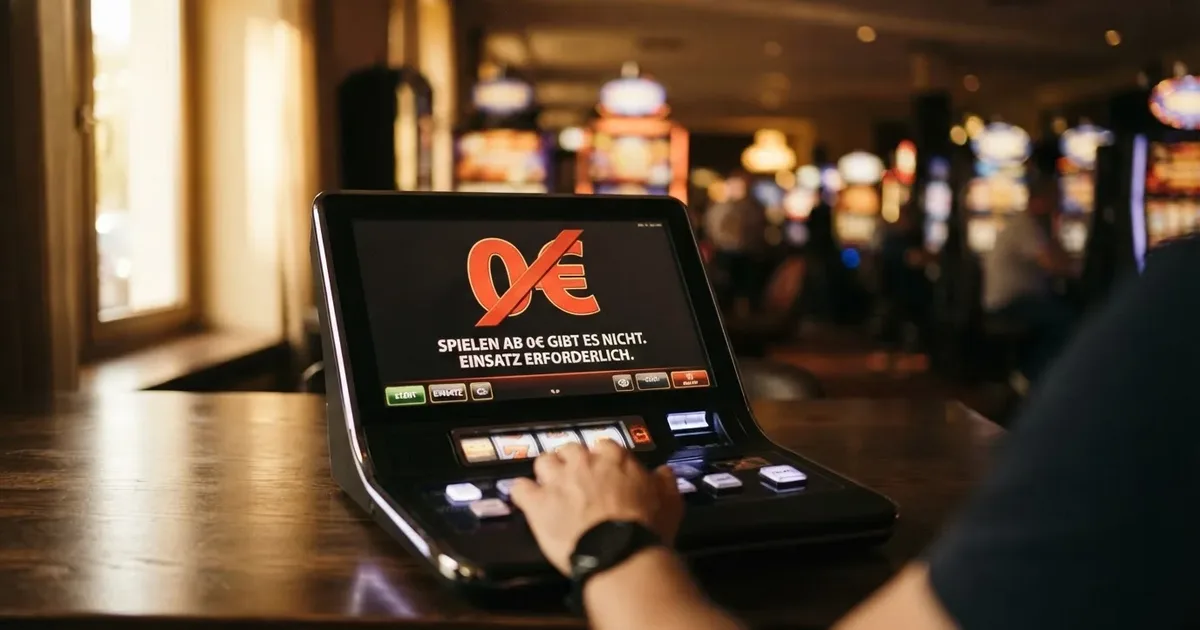 Eine durchgestrichene 0-€-Anzeige vor einem Hintergrund aus Spielautomaten – die niedrigste lizenzierte Schwelle bleibt 1 €