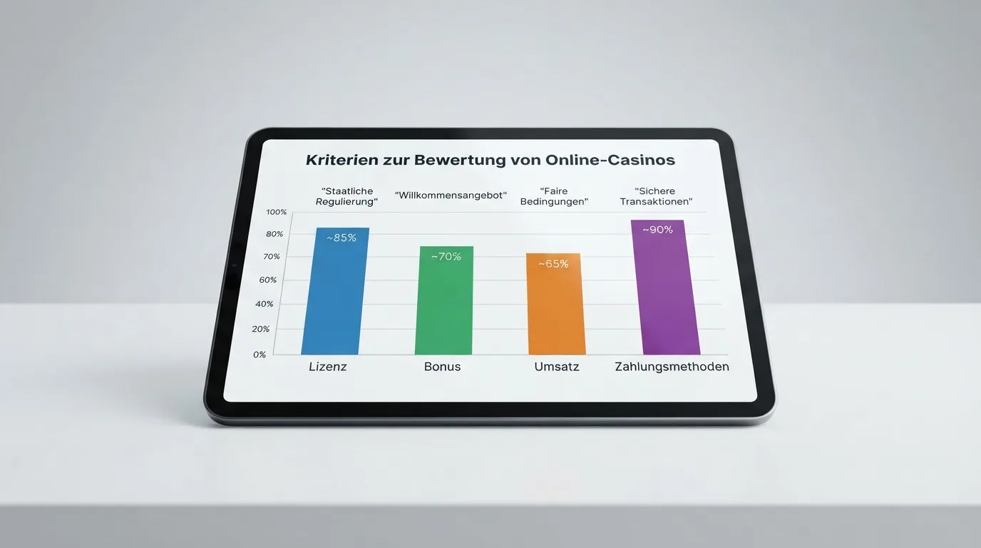 Schematische Darstellung der Bewertungskriterien (Lizenz, Bonus, Umsatz, Zahlungsmethoden)