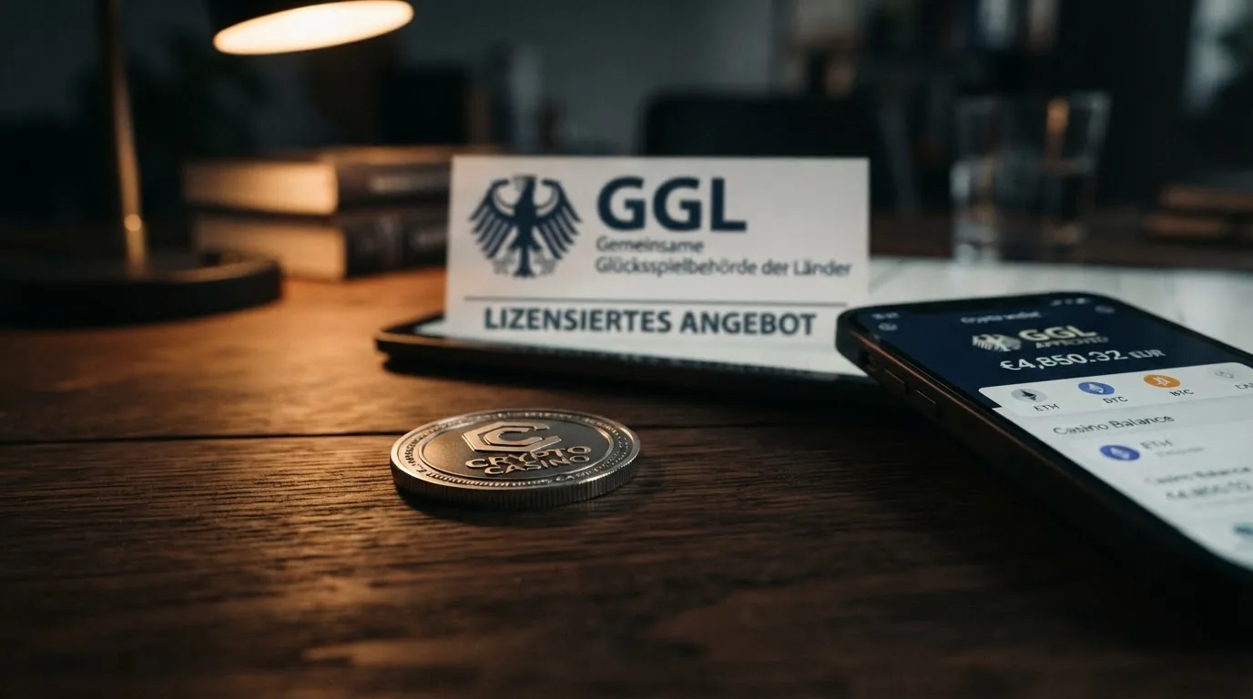 Bitcoin-Münze vor durchgestrichenem GGL-Siegel