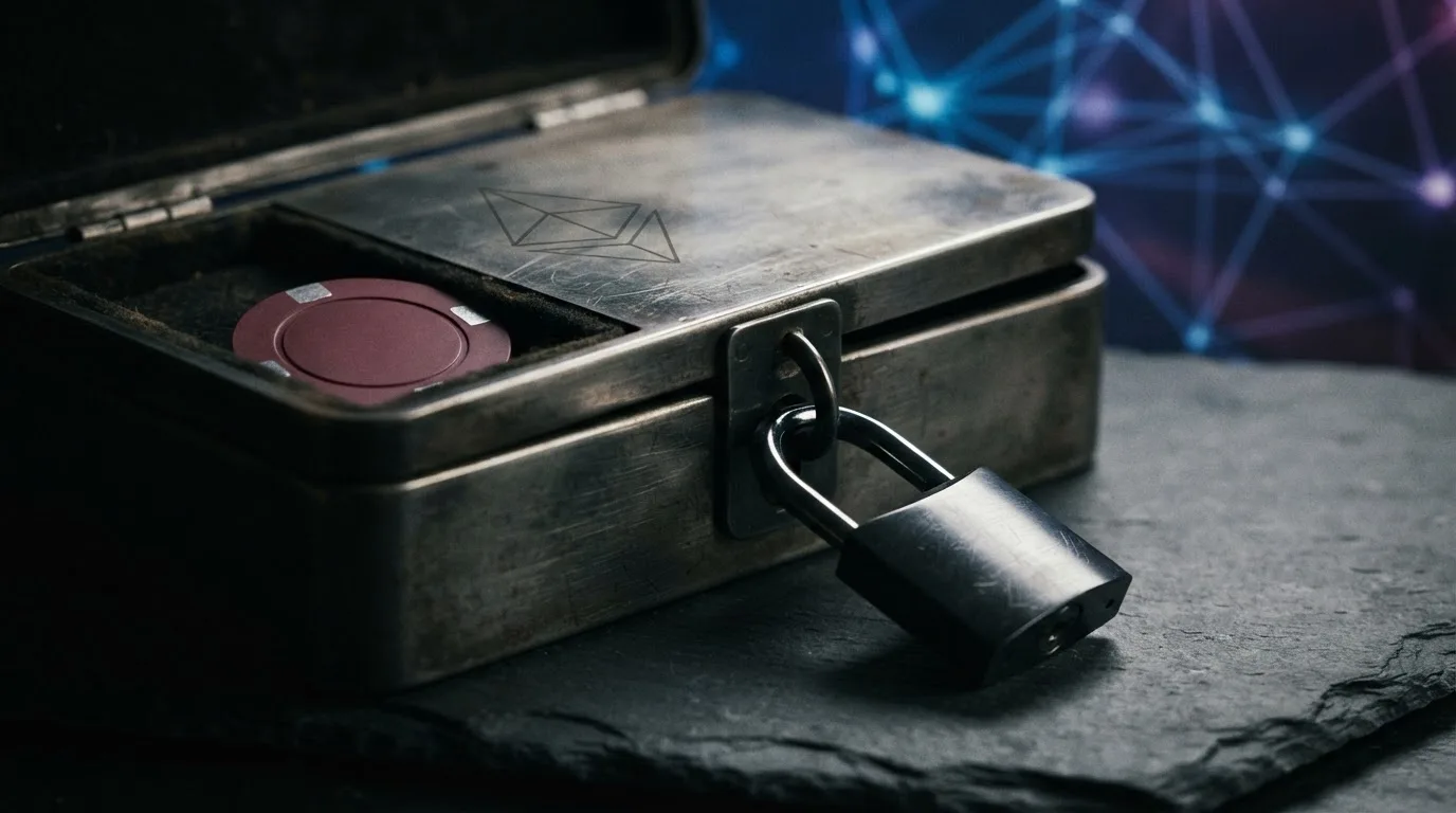 Durchgestrichenes Ausweis-Symbol und Vorhängeschloss mit Binance-Coin-Prägung