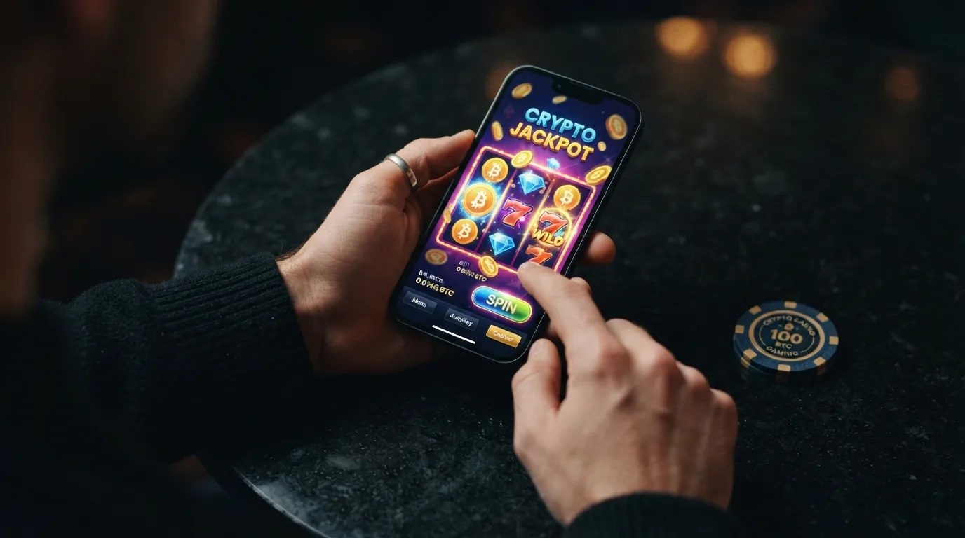 Smartphone in Hand mit Casino-Oberfläche und BNB-Logo im Bildschirm