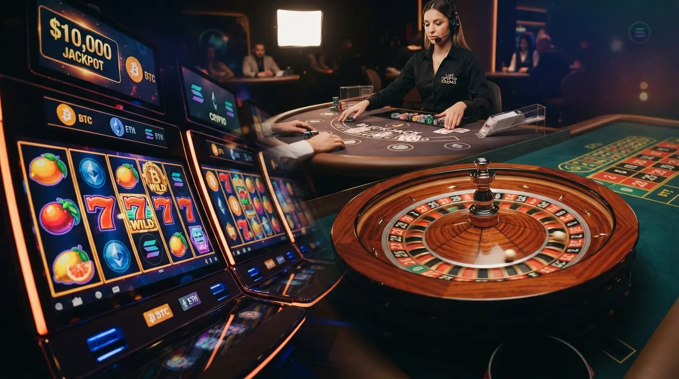 Slot-Rollen, Roulette-Kessel und Live-Dealer als Collage mit BNB-Krypto-Akzent