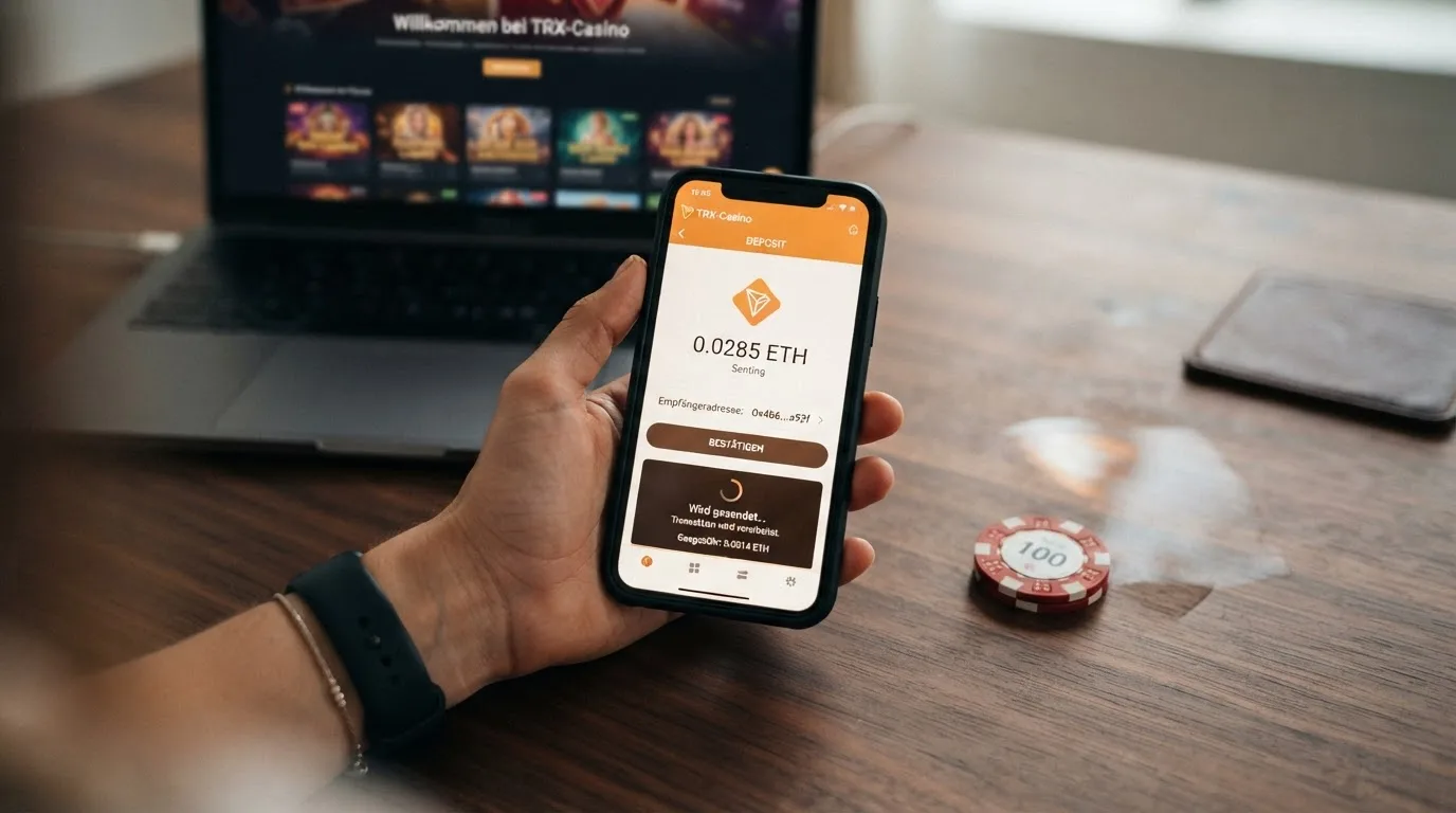 Schema: Smartphone-Wallet sendet BNB an Casino-Kasse mit Uhr-Symbol