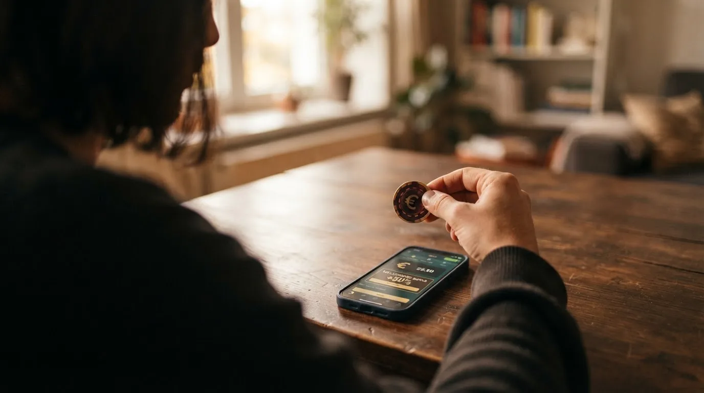 Eine Hand mit einer kleinen Münze über einem Smartphone mit Bonus-Anzeige