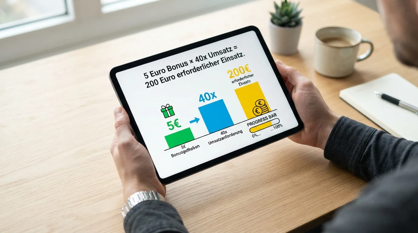 Grafische Darstellung: 5 Euro Bonus × 40x Umsatz = 200 Euro erforderlicher Einsatz