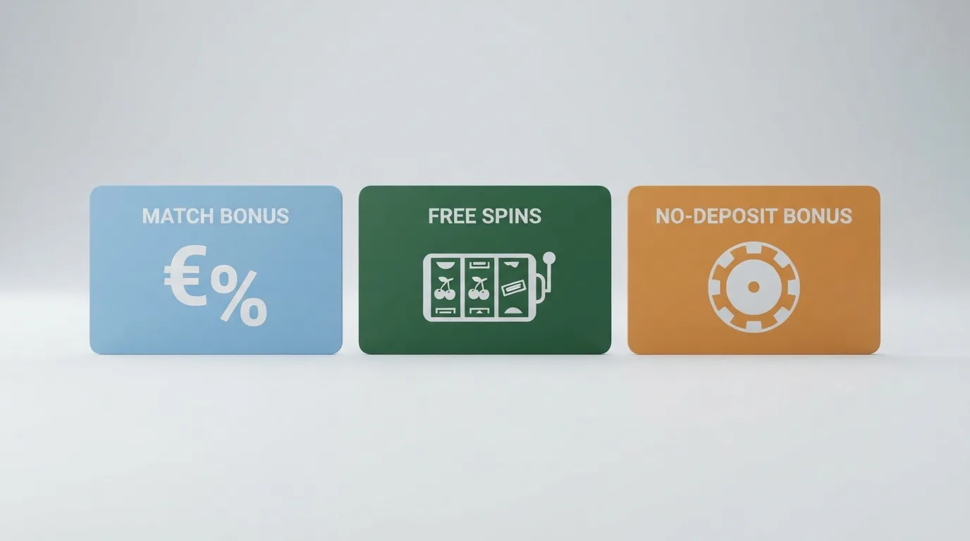 Infografik zu Bonus-Typen bei 15 Euro Einzahlung: Match-Bonus, Freispiele, No-Deposit-Bonus im Vergleich