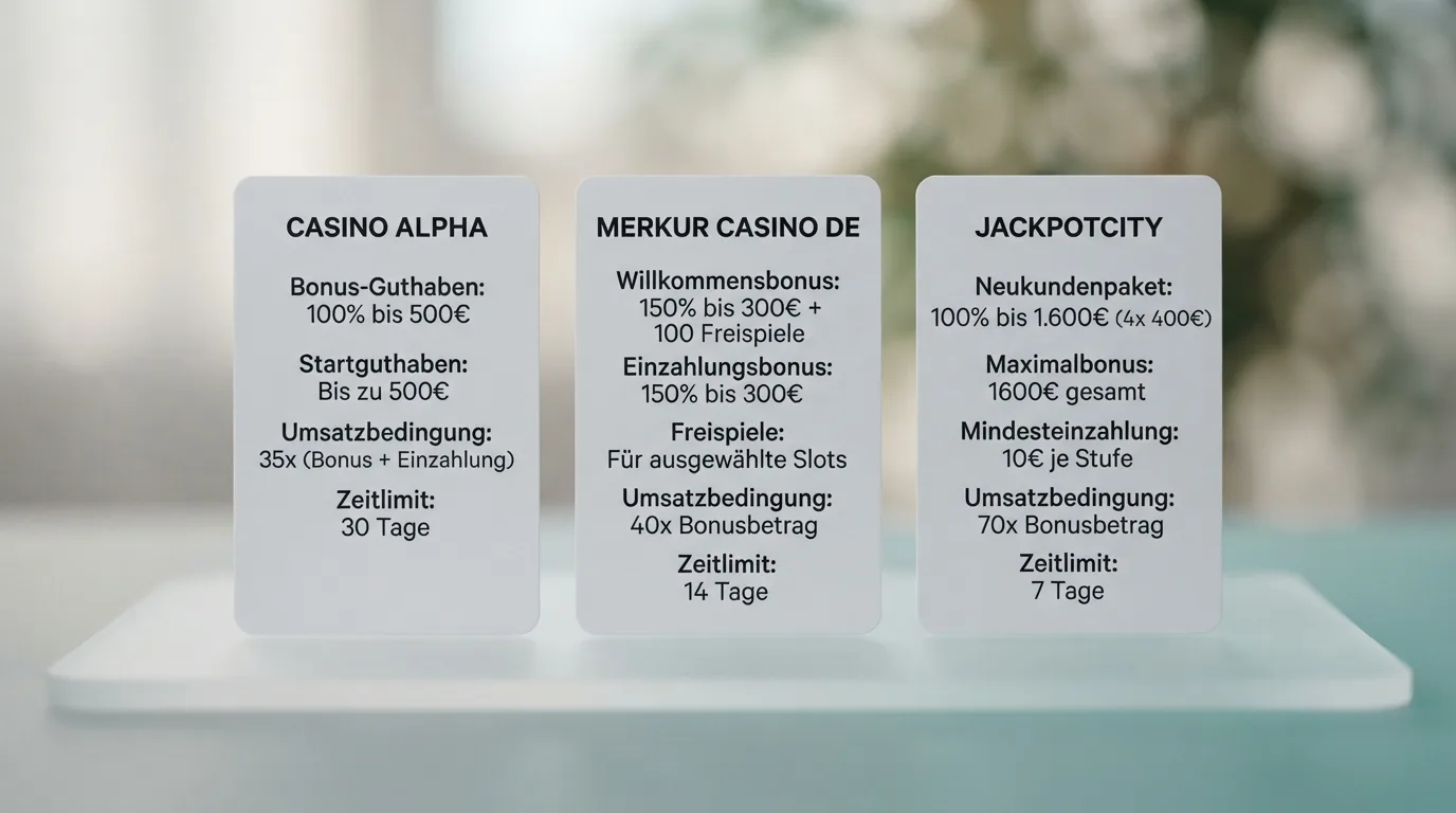 Vergleichskarten der drei datierten Willkommensboni von Tipico, Wunderino und Merkur Slots