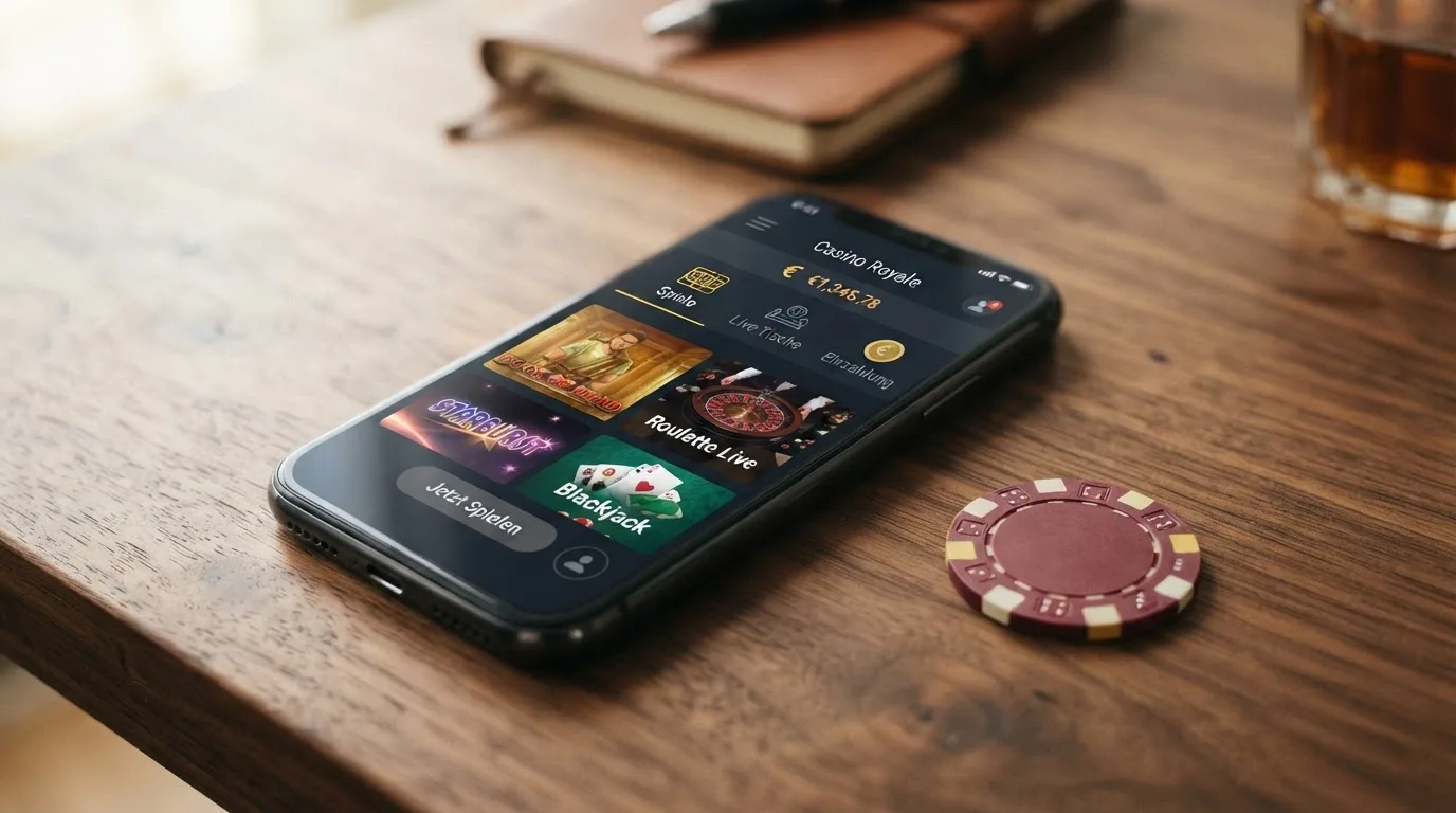Smartphone mit geöffneter Cardano-Casino-Oberfläche und ADA-Wallet