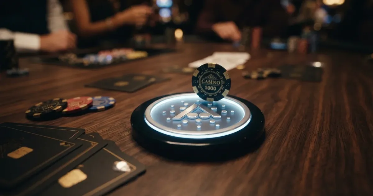 Cardano-Blockchain als Casino-Zahlungsmittel: ADA-Logo mit Casino-Chips und Spielkarten auf dunklem Hintergrund