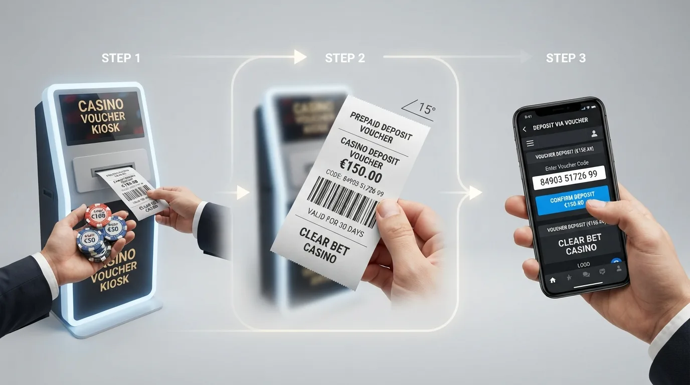 Drei Schritte einer CashtoCode-Einzahlung als Flussdiagramm vom Kiosk über den Barcode bis zum Spielguthaben