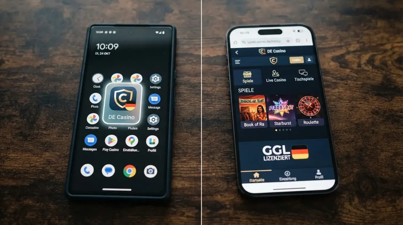 Geteilter Bildschirm: links eine native Casino-App mit Bonus-Anzeige, rechts das gleiche Casino im mobilen Browser mit identischem Spielangebot