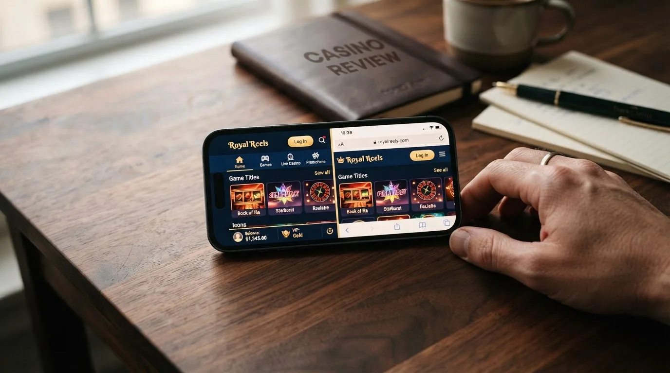Smartphone mit Casino-Oberfläche, Split zwischen Website und App