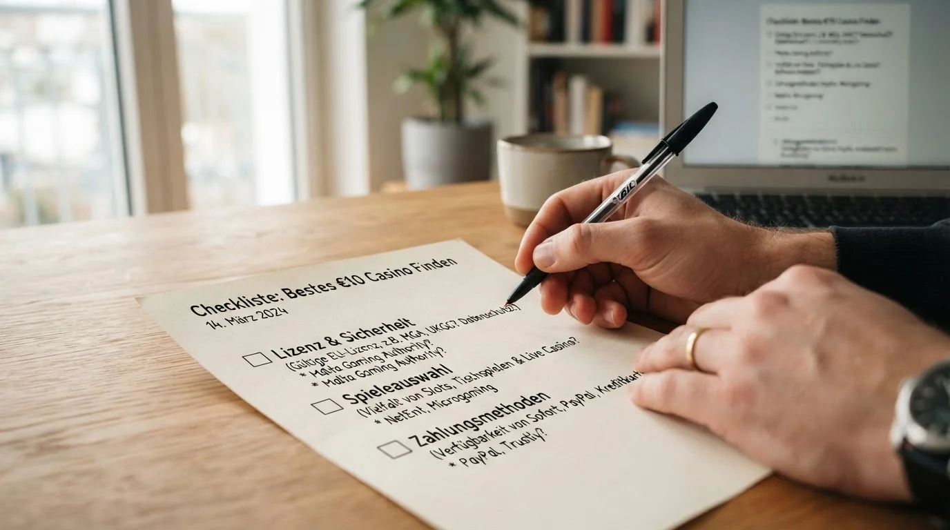 Checkliste mit den wichtigsten Auswahlkriterien: Lizenz, Spiele, Zahlungswege, Bonus-Fairness