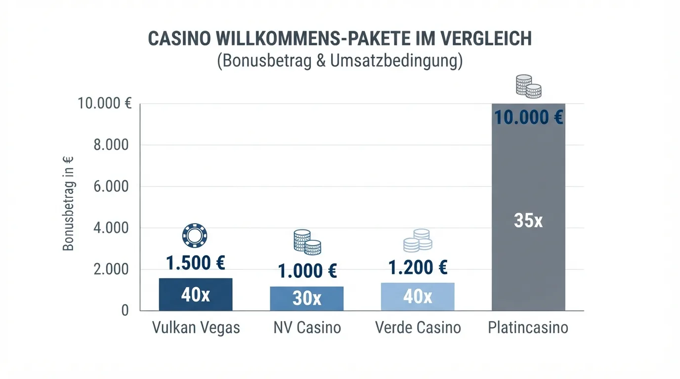 Gegenüberstellung der vier dokumentierten Bonusangebote mit Beträgen und Umsatzfaktoren