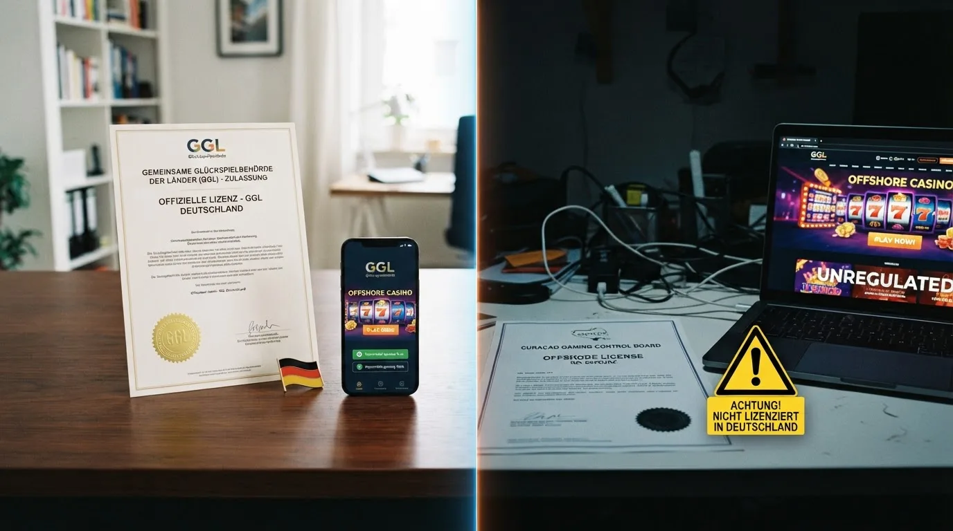 Geteilte Grafik: links GGL-Logo mit Häkchen, rechts Curaçao-Flagge mit Warnsymbol — die zwei Welten im Vergleich