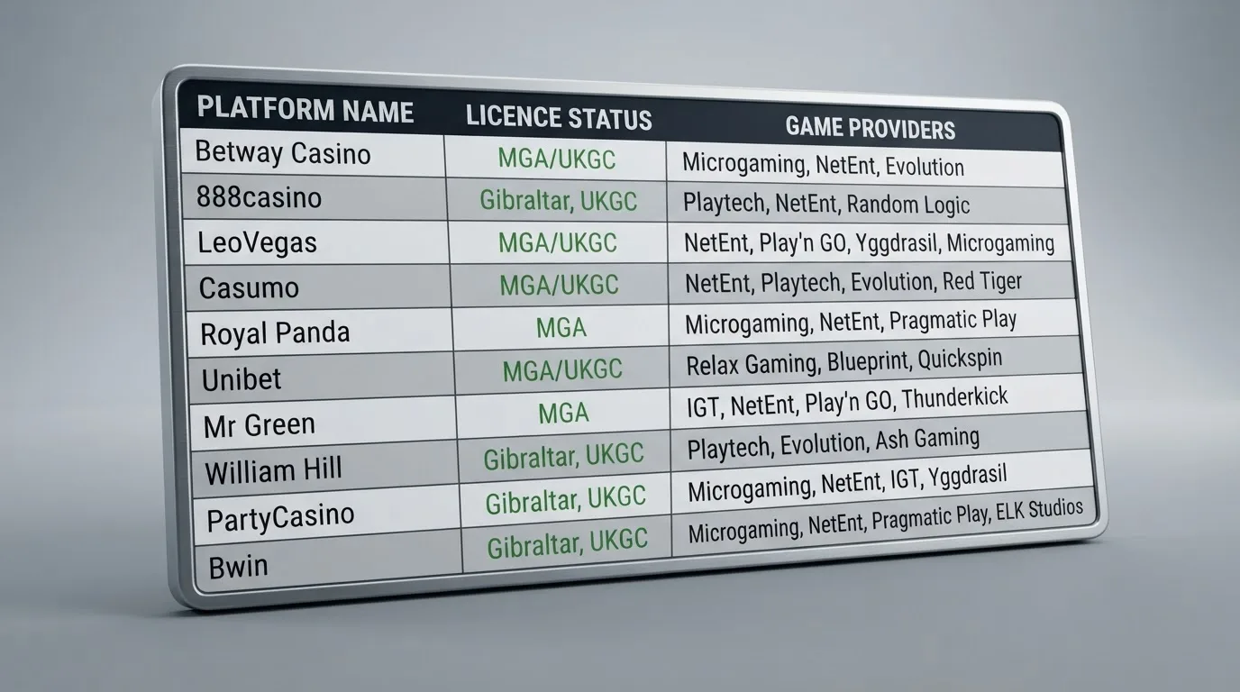 Vergleichstabelle der zehn getesteten Casinos mit GGL-Lizenzstatus und Spielanbieter-Logos