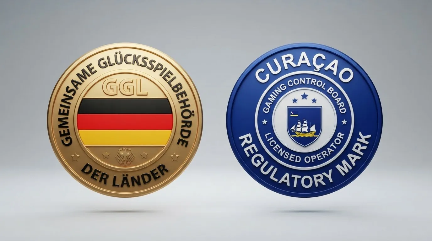 Links das GGL-Siegel mit Deutschland-Flagge, rechts das Curaçao-Logo – zwei Lizenzwelten