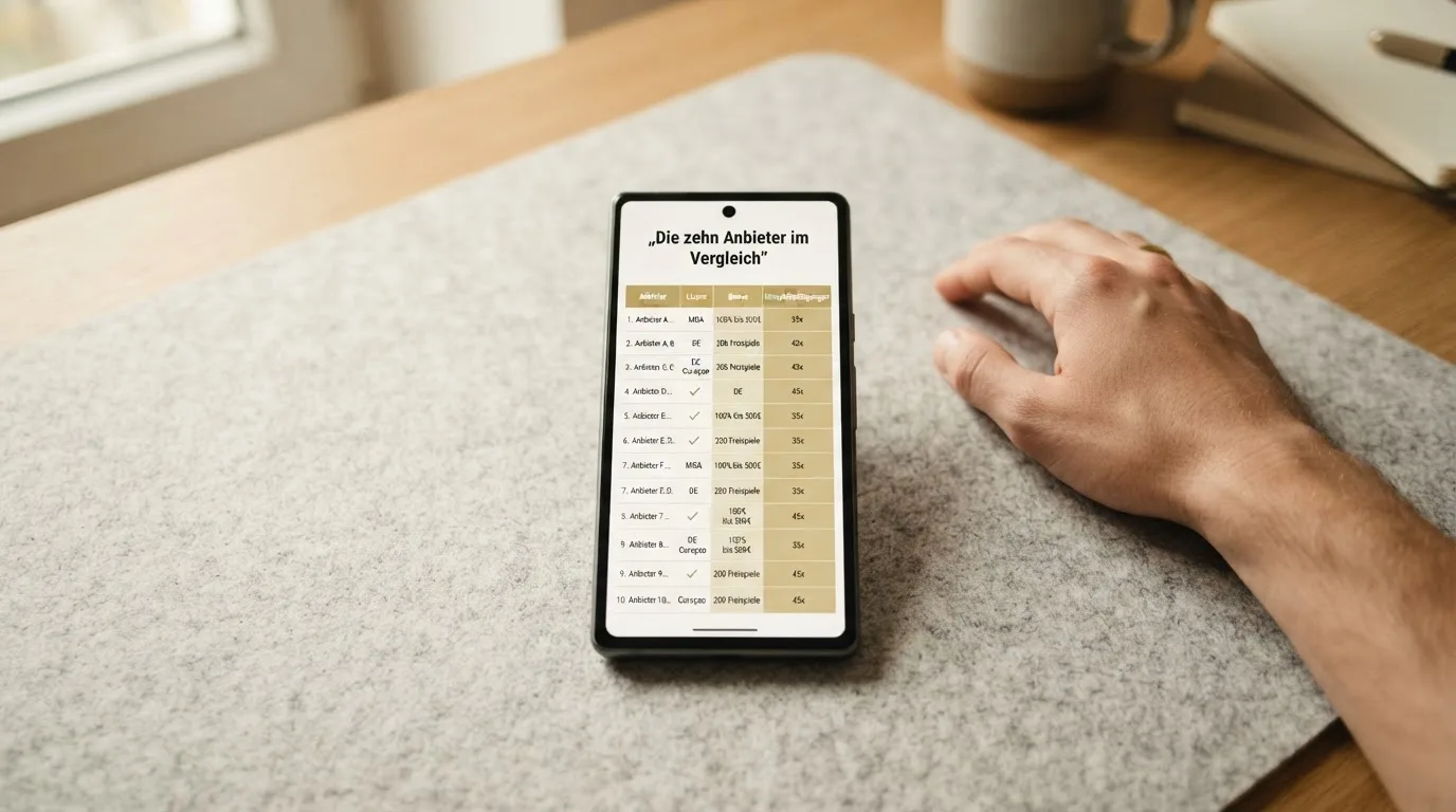 Vergleichstabelle auf Smartphone-Bildschirm, die Spalten Lizenz, Bonus und Umsatzbedingungen visuell hervorhebt