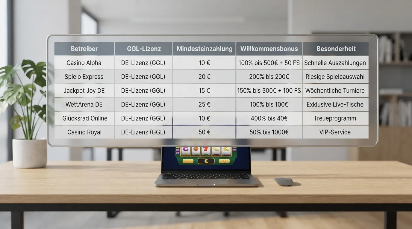 Vergleichstabelle mit zehn Anbietern nach Mindesteinzahlung, GGL-Status und Bonus
