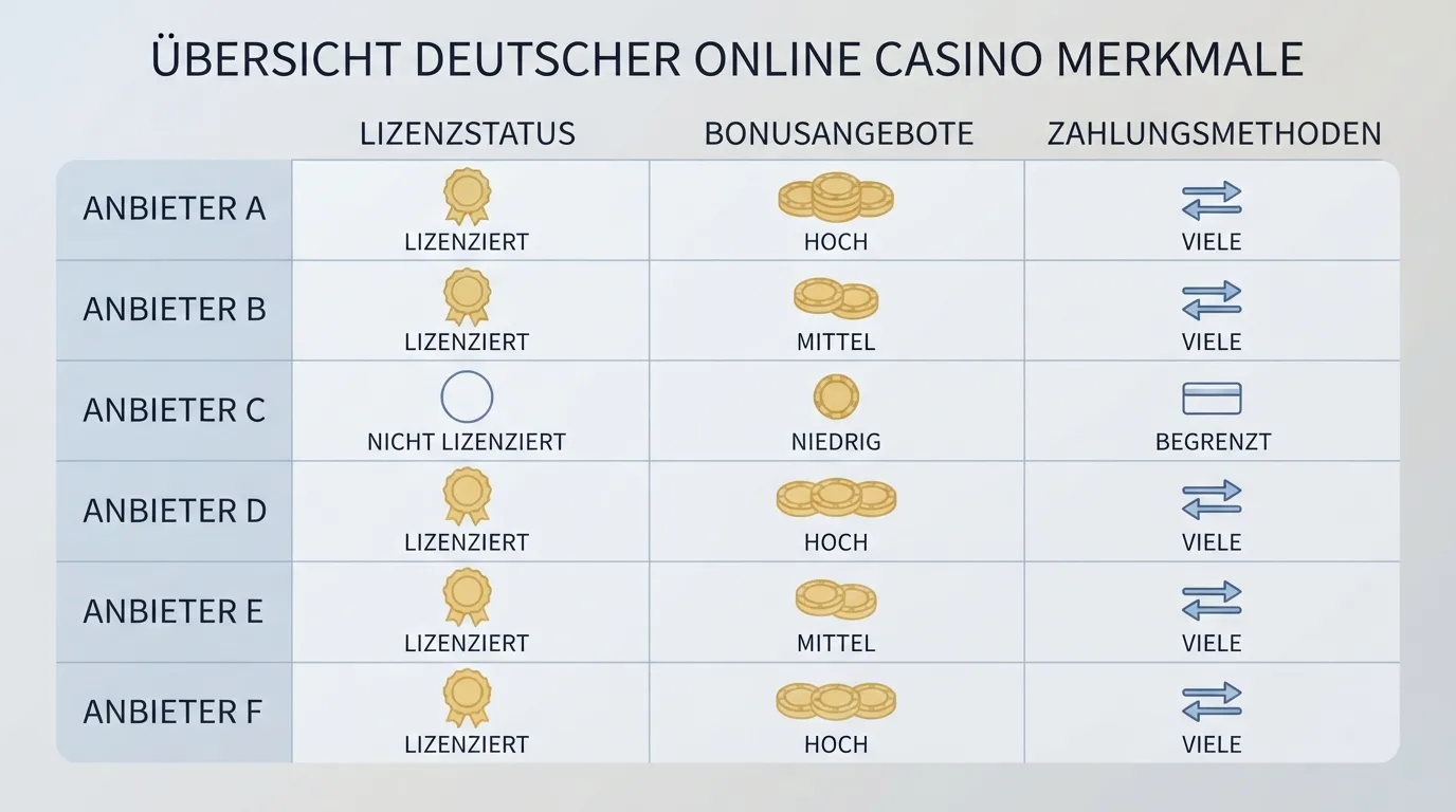 Vergleichstabelle mit hervorgehobener Spalte für Bankeinzug-Verfügbarkeit und GGL-Lizenzstatus
