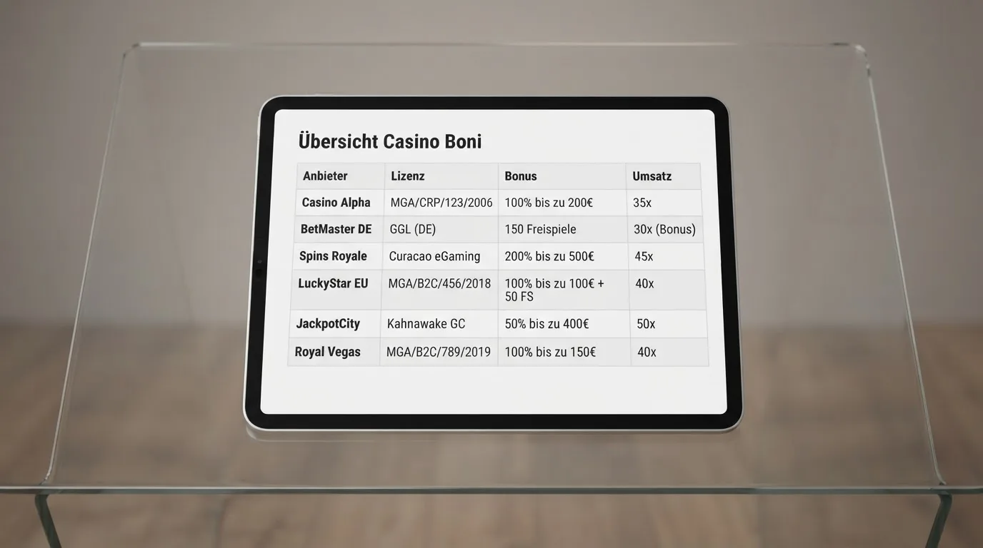 Übersicht der zehn Banküberweisung-Casinos in einer Tabelle mit Lizenz, Bonus, Freispielen und Umsatzfaktor
