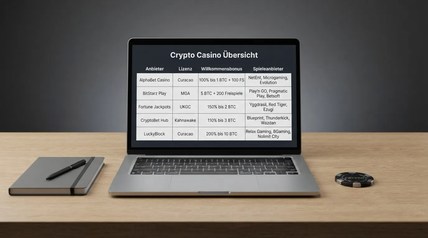 Vergleichstabelle mit den zehn vorgestellten Ethereum Casinos und ihren Kernkennzahlen