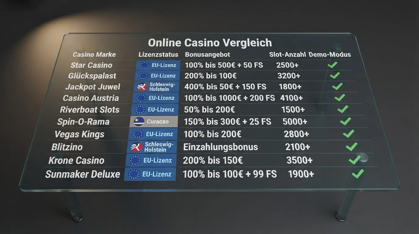 Vergleichstabelle der zehn Echtgeld-Casinos mit GGL-Lizenzstatus als hervorgehobener Spalte