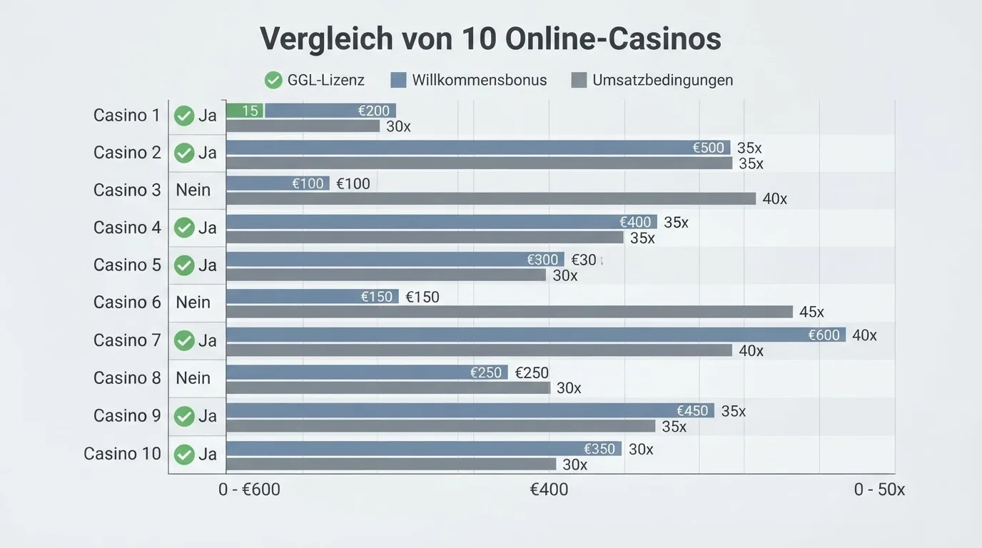 Übersichtsgrafik der zehn verglichenen Kreditkarten-Casinos im deutschen Markt