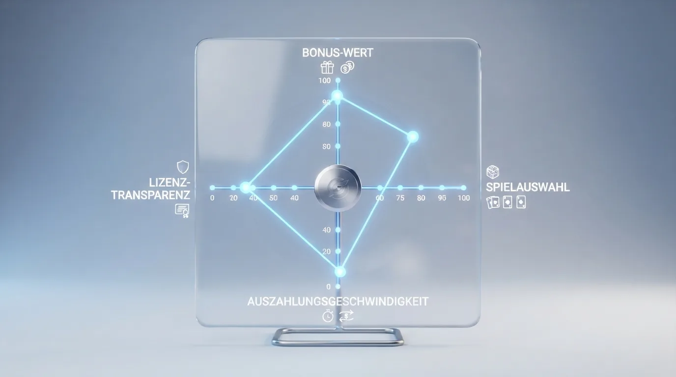 Schema der Bewertungskriterien: Bonus, Spiele, Auszahlung, Lizenz