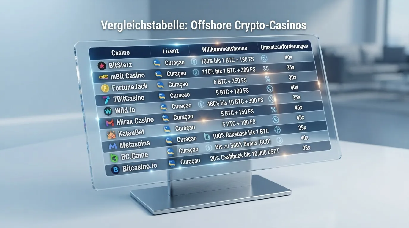 Vergleichstabelle der zehn getesteten Offshore-Krypto-Casinos mit Lizenz und Bonus