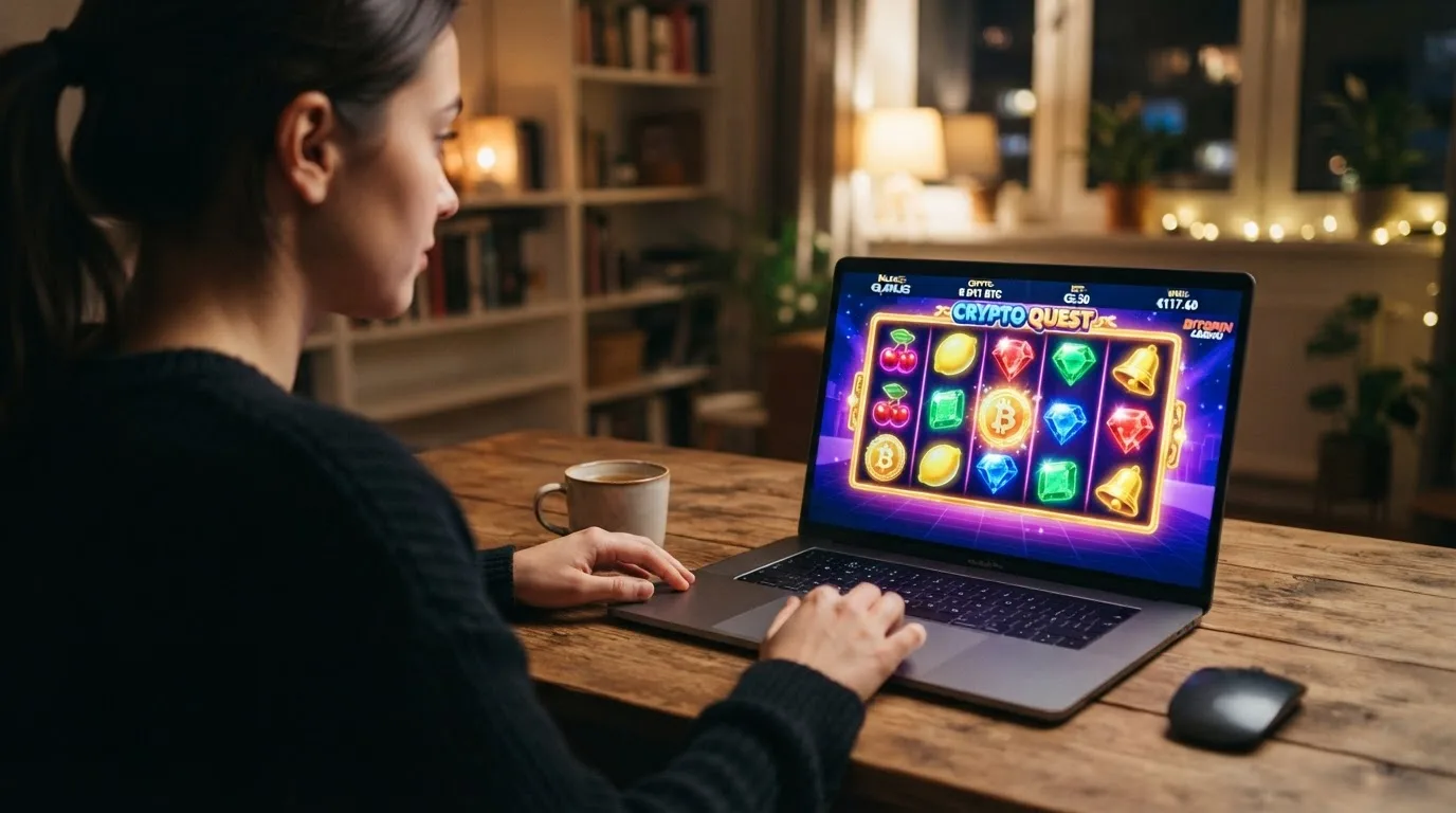 Screenshot einer Slot-Spielfläche mit Krypto-Guthaben-Anzeige