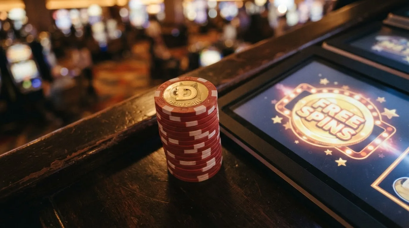 Ein Stapel Willkommensbonus-Chips mit DOGE-Logo neben einem Freispiel-Symbol
