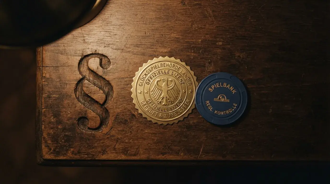 Ein Paragrafen-Symbol (§) neben dem GGL-Logo und einer DOGE-Münze — die zwei Welten im Kontrast