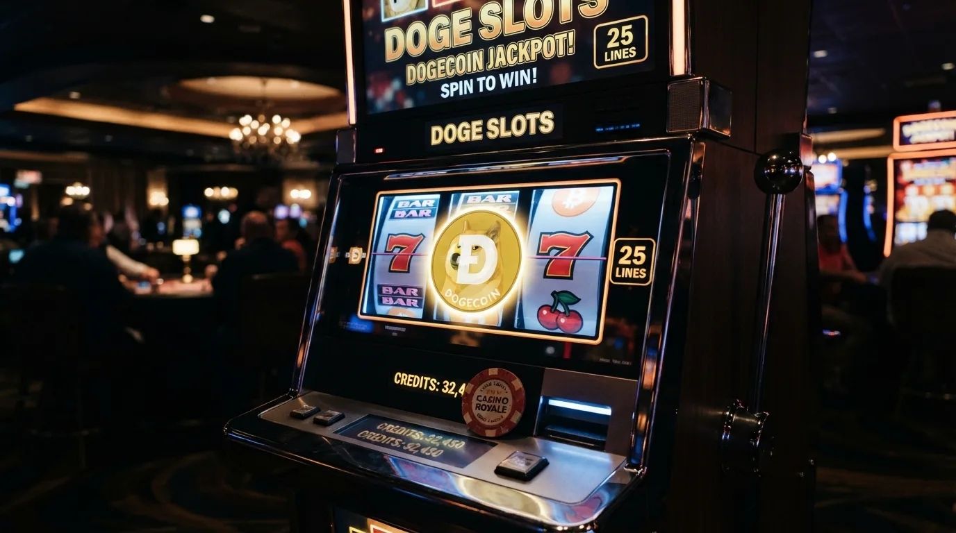 Ein Spielautomat mit DOGE-Symbol auf den Walzen und einer hervorgehobenen RTP-Anzeige