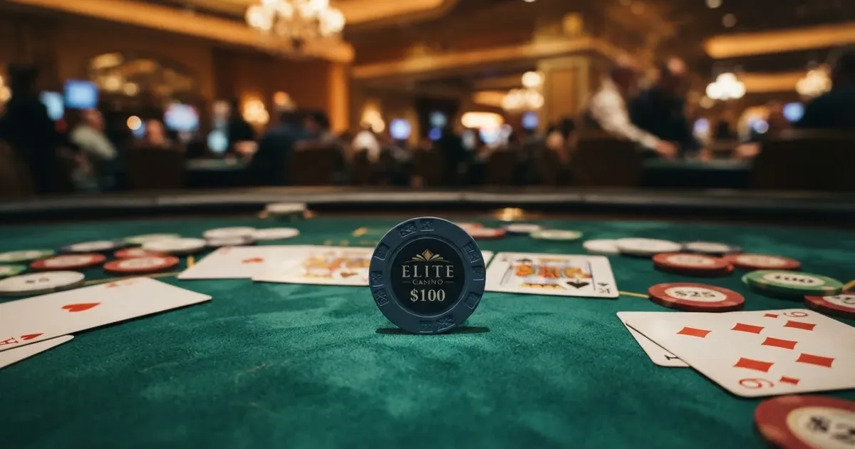 Eine Dogecoin-Münze auf grünem Casino-Filztisch neben Spielkarten und Casino-Chips