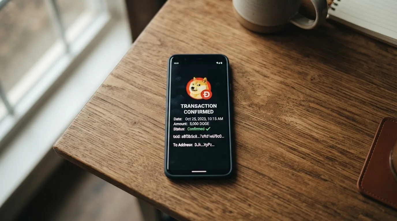 Ein Smartphone mit geöffneter DOGE-Wallet und sichtbarer Transaktionsbestätigung